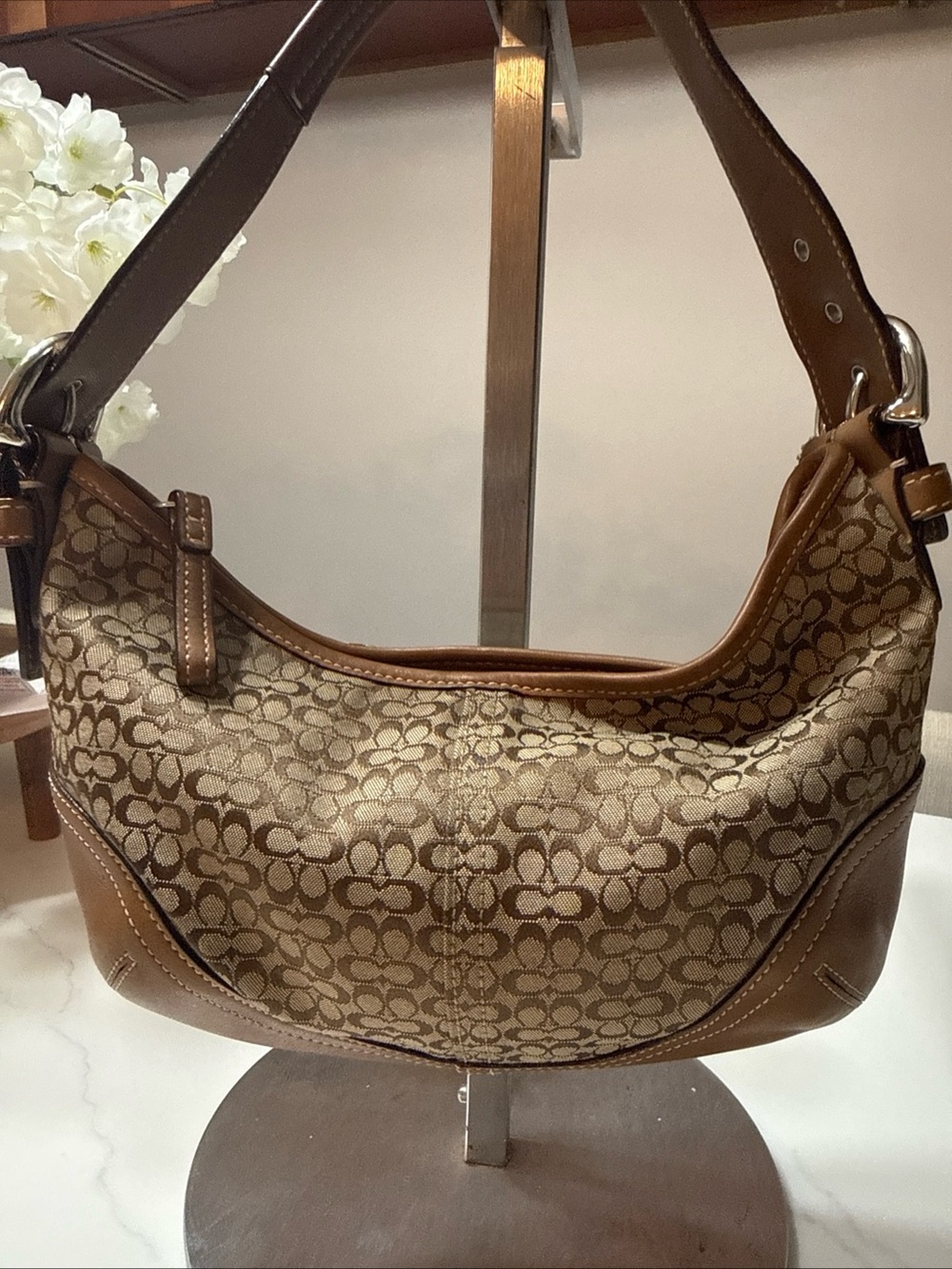 Coach Brown Signature Canvas Shoulder Bag with Leather Trim
